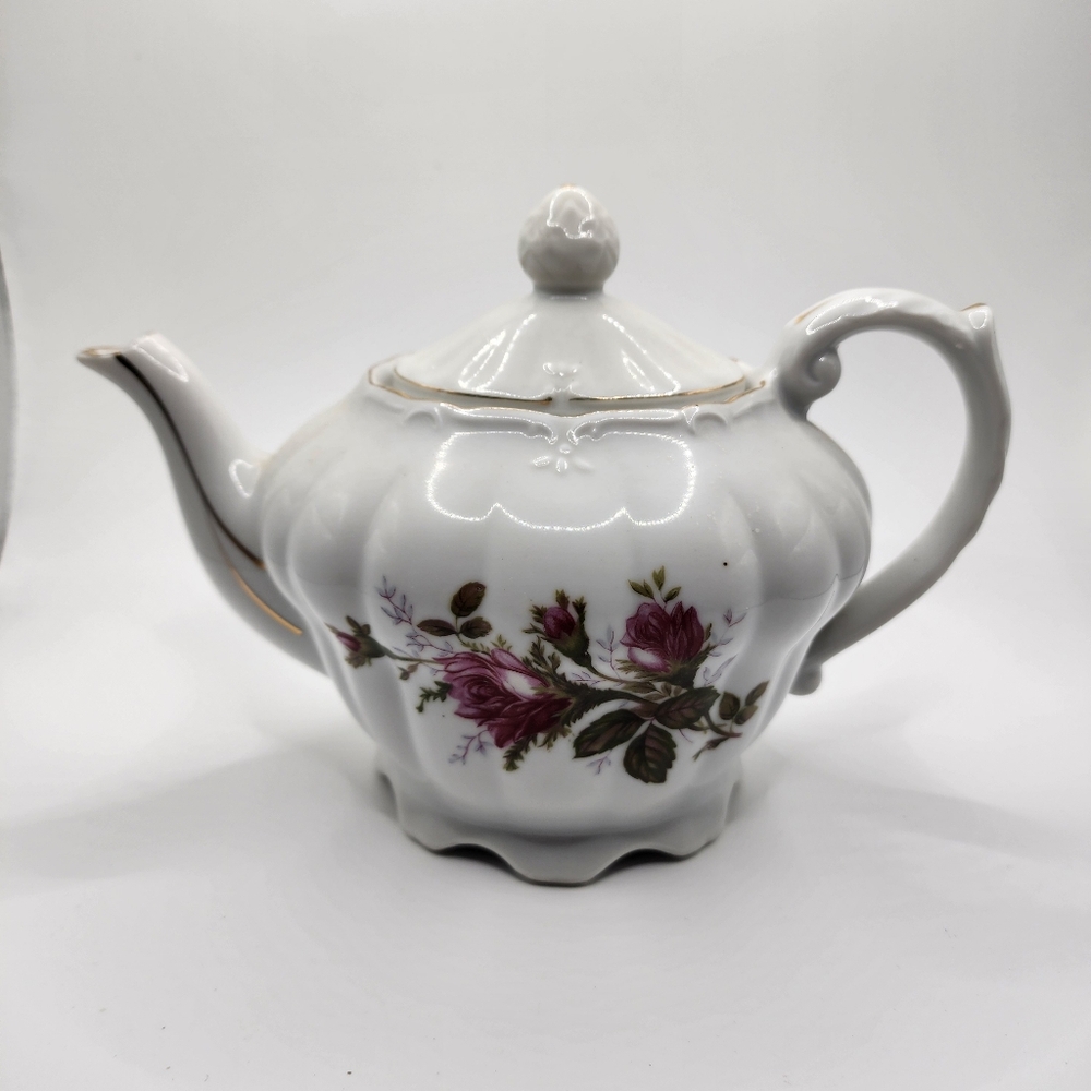 Vintage Porcelain Musical Teapot "Moss Rose" Floral Pattern